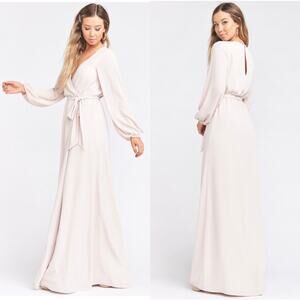 show me your mumu lady long sleeve wrap maxi dress light pink chiffon xxsmall